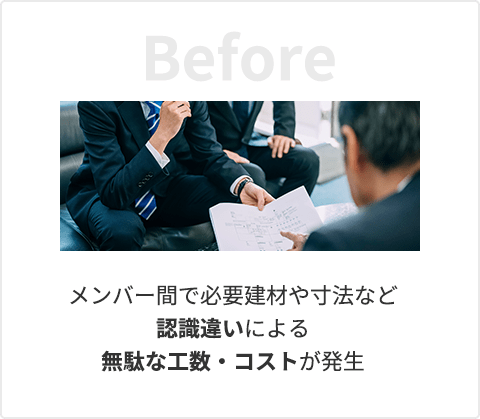 メンバー間で必要建材や寸法など認識違いによる無駄な工数・コストが発生